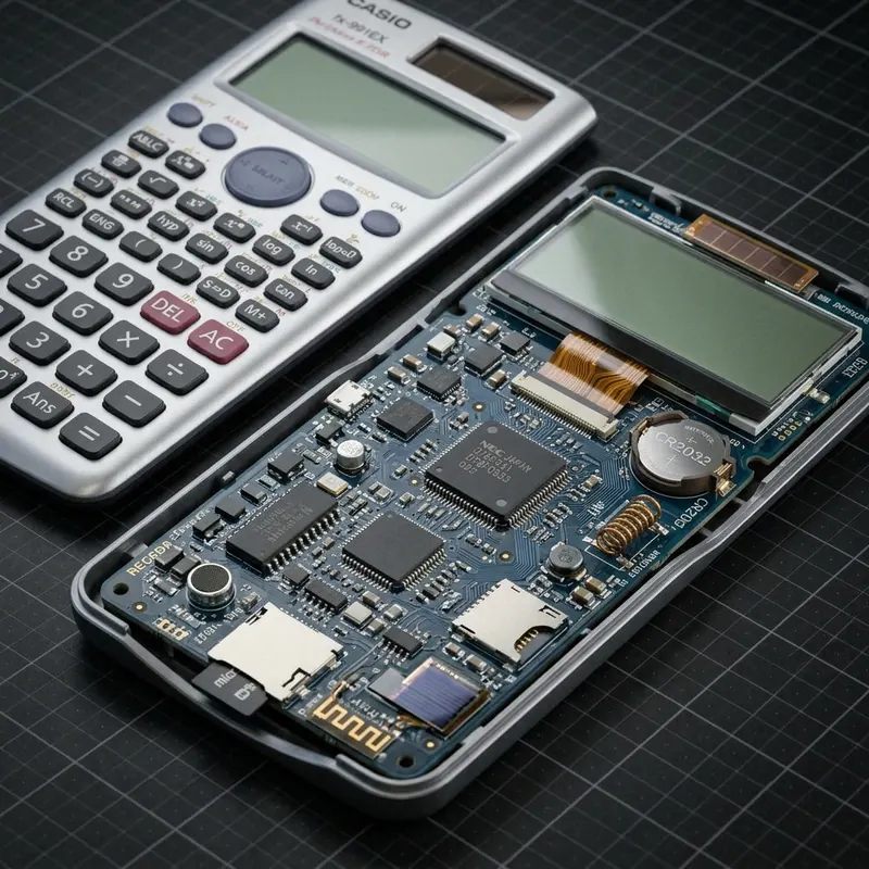 Calculator concealed audio device with internal electronics exposed