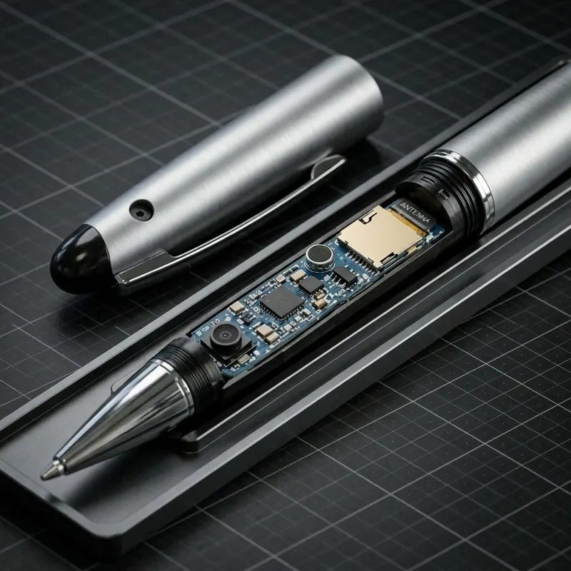Pen-style concealed audio device with internal electronics exposed