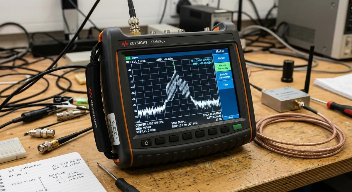 Spectrum analyser measuring RF signal behaviour during K9 Electronics bench testing
