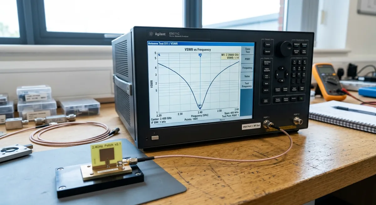 Vector network analyser used for antenna matching and RF integration testing at K9 Electronics